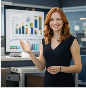 Rachel, personnage virtuel souriant dans un environnement professionnel